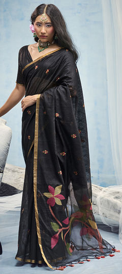 Black and Grey color Saree in Cotton fabric with Weaving work