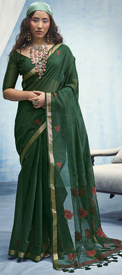 Green color Saree in Cotton fabric with Embroidered, Resham work