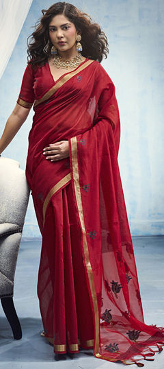 Red and Maroon color Saree in Cotton fabric with Embroidered, Resham work
