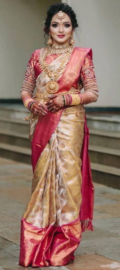 Beige and Brown color Saree in Litchi Silk fabric with Weaving work