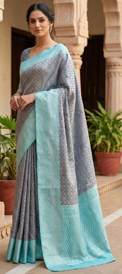 Black and Grey, Blue color Saree in Litchi Silk fabric with Weaving work