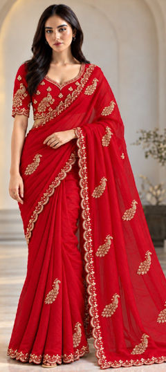 Red and Maroon color Saree in Tissue fabric with Border, Bugle Beads, Cut Dana, Embroidered, Sequence work