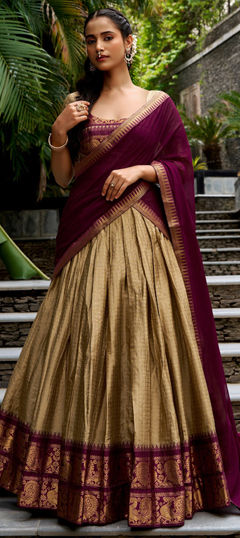 Beige and Brown color Lehenga in Poly cotton fabric with Weaving, Zari work