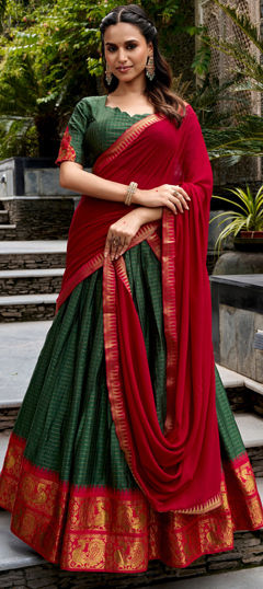 Green color Lehenga in Poly cotton fabric with Weaving, Zari work