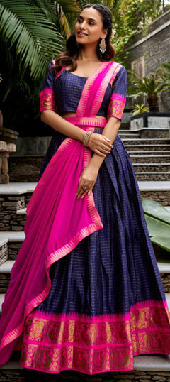 Blue color Lehenga in Poly cotton fabric with Weaving, Zari work