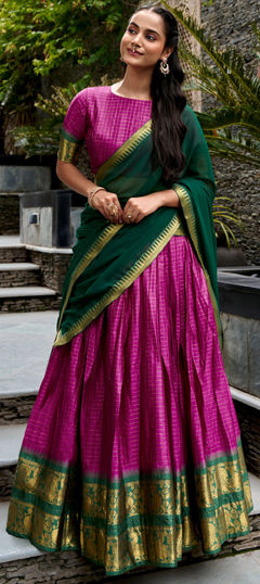 Pink and Majenta color Lehenga in Poly cotton fabric with Weaving, Zari work