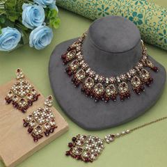 Gold Rodium Polish Red and Maroon color Necklace in Metal Alloy studded with CZ Diamond, Pearl