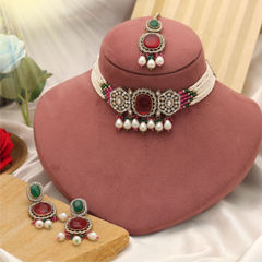 Gold Rodium Polish Red and Maroon color Necklace in Metal Alloy studded with CZ Diamond, Pearl