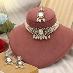 Gold Rodium Polish White and Off White color Necklace in Metal Alloy studded with CZ Diamond, Pearl