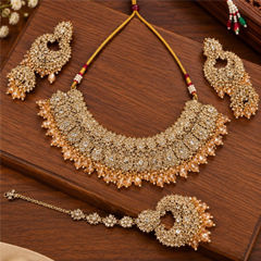 Gold Rodium Polish Pink and Majenta color Necklace in Metal Alloy studded with CZ Diamond