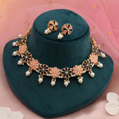Gold Rodium Polish Pink and Majenta color Necklace in Metal Alloy studded with CZ Diamond, Pearl