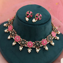 Gold Rodium Polish Green, Pink and Majenta color Necklace in Metal Alloy studded with CZ Diamond, Pearl