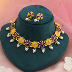 Gold Rodium Polish Red and Maroon, Yellow color Necklace in Metal Alloy studded with CZ Diamond, Pearl