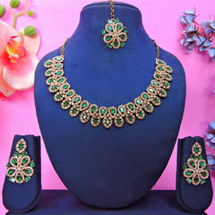 Gold Rodium Polish Green color Necklace in Metal Alloy studded with CZ Diamond