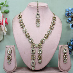 Gold Rodium Polish White and Off White color Necklace in Metal Alloy studded with CZ Diamond, Kundan