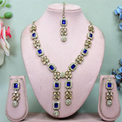 Gold Rodium Polish Blue color Necklace in Metal Alloy studded with CZ Diamond, Kundan