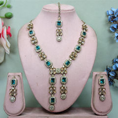 Gold Rodium Polish Green color Necklace in Metal Alloy studded with CZ Diamond, Kundan