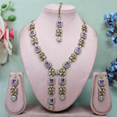 Gold Rodium Polish Purple and Violet color Necklace in Metal Alloy studded with CZ Diamond, Kundan
