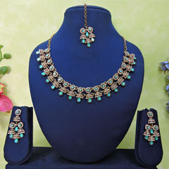 Gold Rodium Polish Green color Necklace in Metal Alloy studded with CZ Diamond