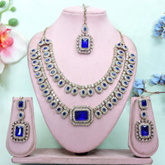 Gold Rodium Polish Blue color Necklace in Metal Alloy studded with CZ Diamond
