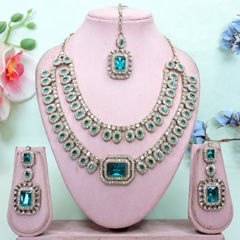 Gold Rodium Polish Green color Necklace in Metal Alloy studded with CZ Diamond