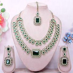Gold Rodium Polish Green color Necklace in Metal Alloy studded with CZ Diamond