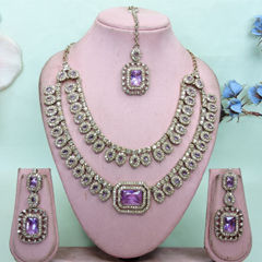 Gold Rodium Polish Purple and Violet color Necklace in Metal Alloy studded with CZ Diamond