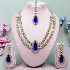 Gold Rodium Polish Blue color Necklace in Metal Alloy studded with CZ Diamond