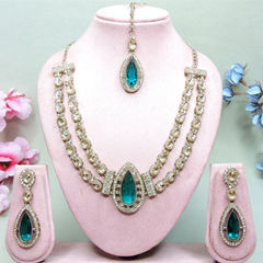 Gold Rodium Polish Green color Necklace in Metal Alloy studded with CZ Diamond