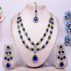 Gold Rodium Polish Blue color Necklace in Metal Alloy studded with Austrian diamond