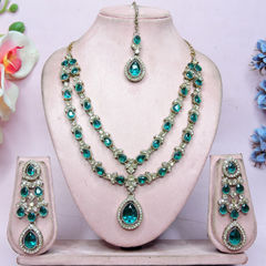 Gold Rodium Polish Green color Necklace in Metal Alloy studded with Austrian diamond