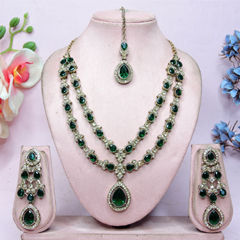 Gold Rodium Polish Green color Necklace in Metal Alloy studded with Austrian diamond