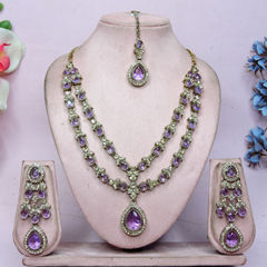 Gold Rodium Polish Purple and Violet color Necklace in Metal Alloy studded with Austrian diamond