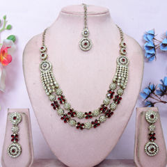 Gold Rodium Polish Red and Maroon color Necklace in Metal Alloy studded with CZ Diamond, Kundan
