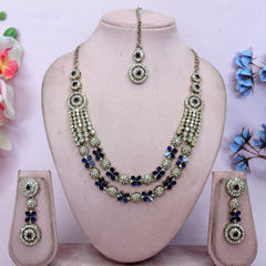Gold Rodium Polish Blue color Necklace in Metal Alloy studded with CZ Diamond, Kundan