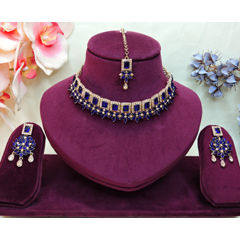 Gold Rodium Polish Blue color Necklace in Metal Alloy studded with CZ Diamond