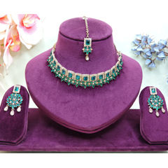 Gold Rodium Polish Green color Necklace in Metal Alloy studded with CZ Diamond