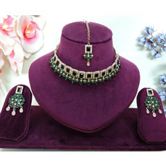 Gold Rodium Polish Green color Necklace in Metal Alloy studded with CZ Diamond