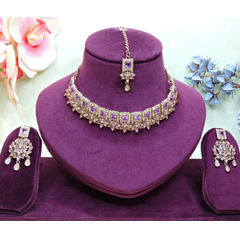 Gold Rodium Polish Purple and Violet color Necklace in Metal Alloy studded with CZ Diamond