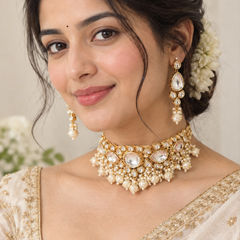 Gold Rodium Polish White and Off White color Necklace in Metal Alloy studded with Kundan