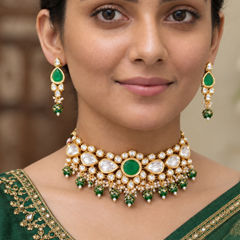 Gold Rodium Polish Green color Necklace in Metal Alloy studded with Kundan