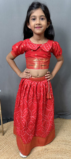 Red and Maroon color Kids Lehenga in Silk fabric with Bandhej, Printed work