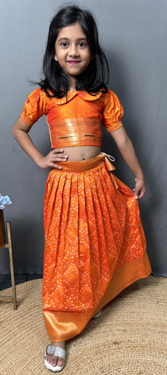Orange color Kids Lehenga in Silk fabric with Bandhej, Printed work