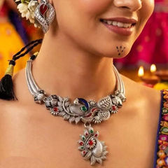 Silver Rodium Polish Green, Red and Maroon color Necklace in Brass studded with CZ Diamond