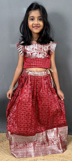 Pink and Majenta color Kids Lehenga in Silk fabric with Weaving work