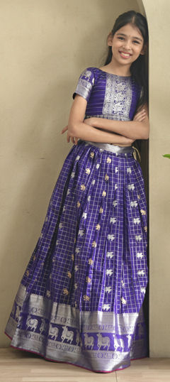 Blue color Kids Lehenga in Silk fabric with Weaving work