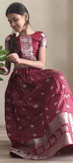 Pink and Majenta color Kids Lehenga in Silk fabric with Weaving work