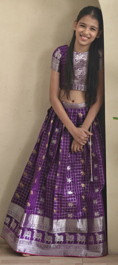 Purple and Violet color Kids Lehenga in Silk fabric with Weaving work