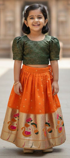 Green color Kids Lehenga in Silk fabric with Printed, Weaving work