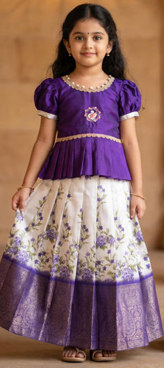 Blue color Kids Lehenga in Silk fabric with Printed, Weaving work